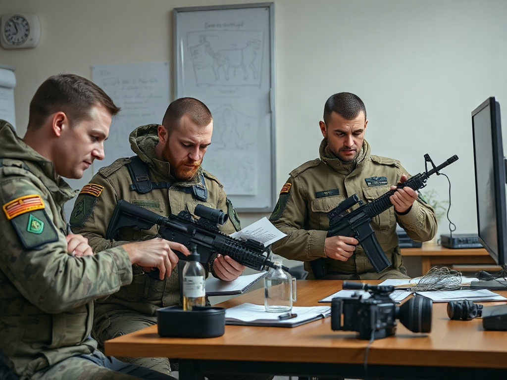 Трое вооружённых людей в военной форме обсуждают документы за столом в офисе.