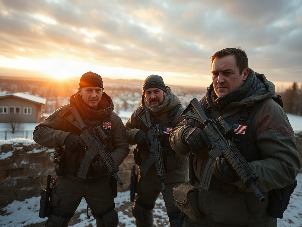 Трое мужчин в военной форме с оружием на фоне заката, окружающей снежной местности.